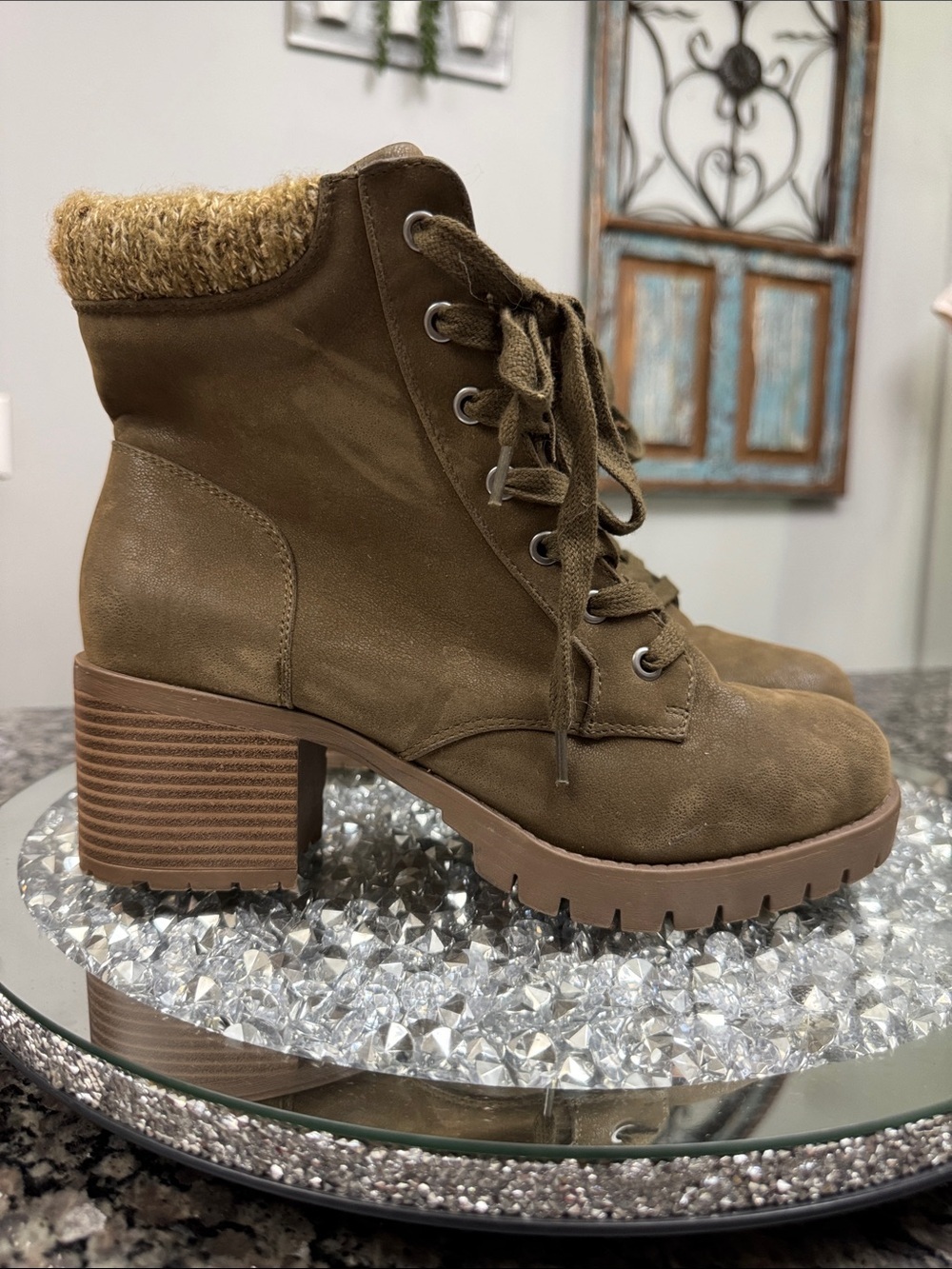 Universal Thread Olive Lace-Up Block Heel Ankle Boots sock top
